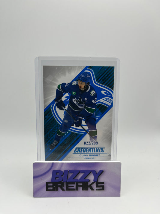 *SINGLES* QUINN HUGHES CREDENTIALS BASE BLUE 022/299 VANCOUVER CANUCKS