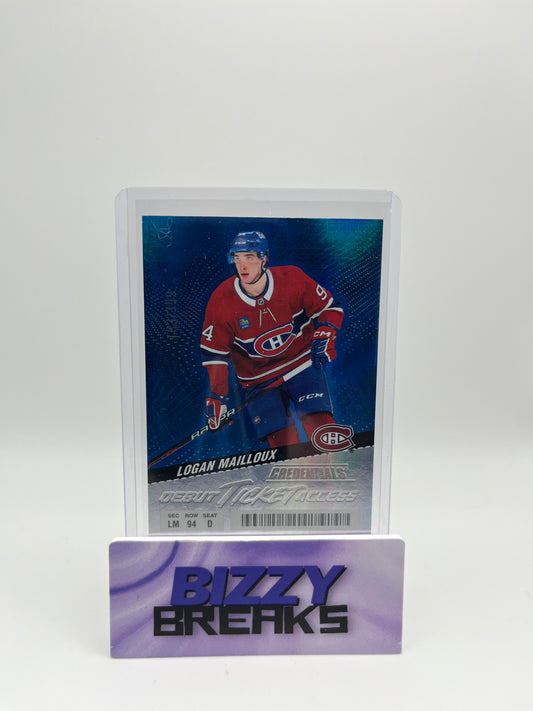 *SINGLES* LOGAN MAILLOUX CREDENTIALS DEBUT TICKET ACCESS BLUE 183/399 MONTREAL CANADIENS