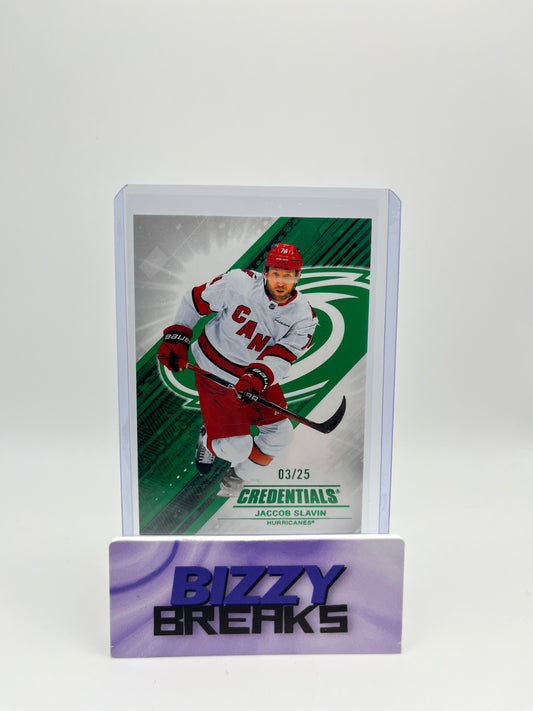 *SINGLES* JACCOB SLAVIN CREDENTIALS BASE GREEN 03/25 CAROLINA HURRICANES